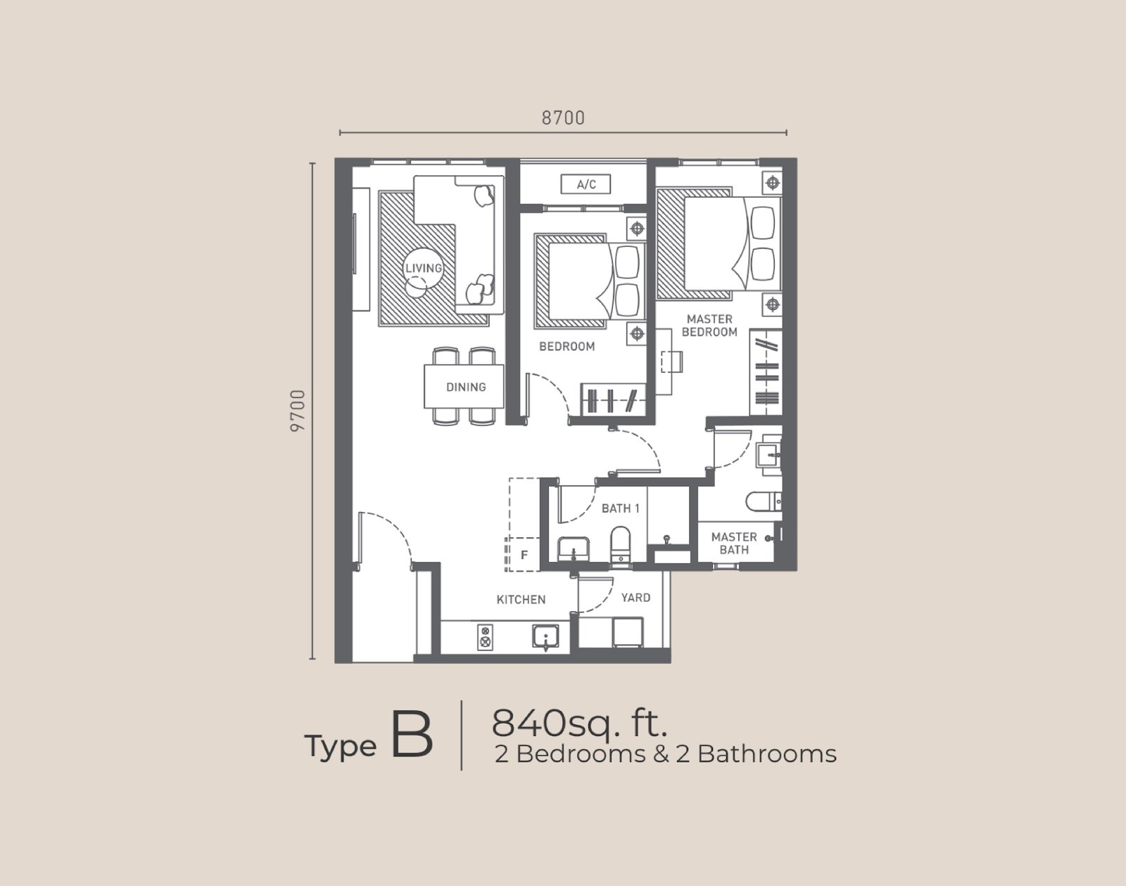 Arunya Residences Type B floor plan, 2 bedrooms, 840 sq ft