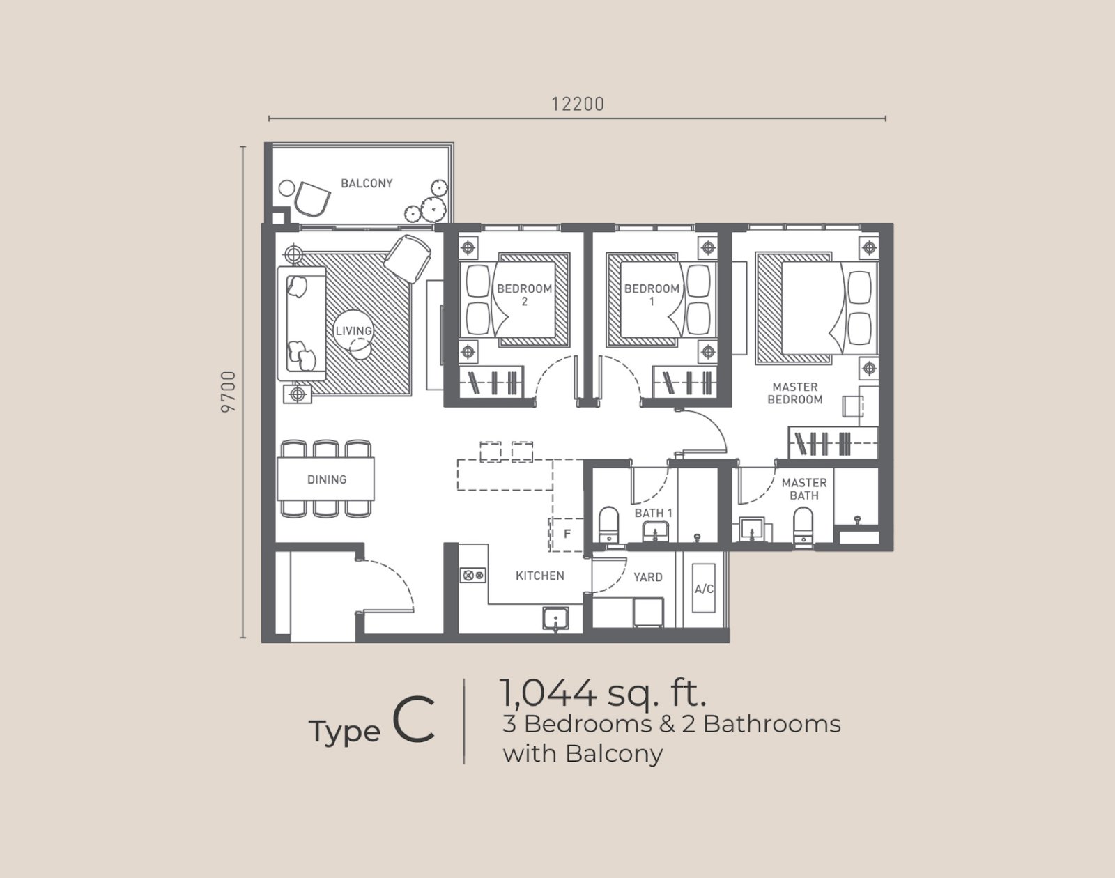 Arunya Residences Type C floor plan, 3 bedrooms with balcony, 1,044 sq ft