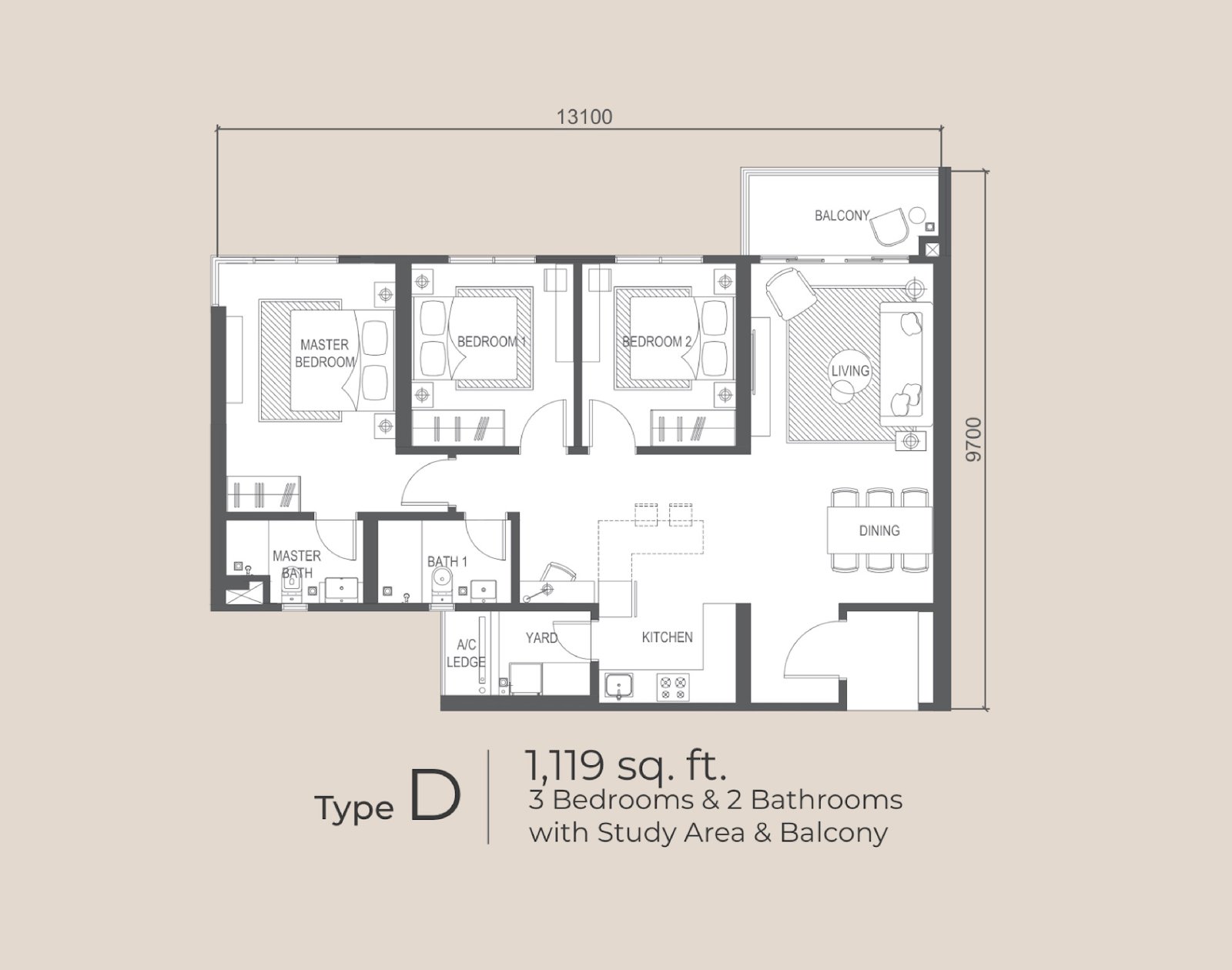 Arunya Residences Type D floor plan, 3 bedrooms with study area and balcony, 1,119 sq ft