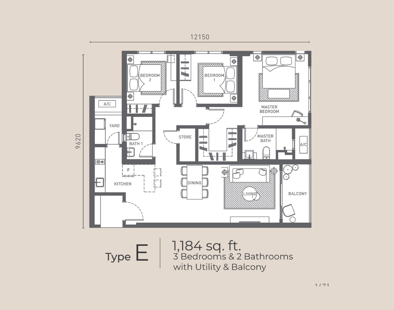 Arunya Residences Type E floor plan, 3 bedrooms with utility and balcony, 1,184 sq ft
