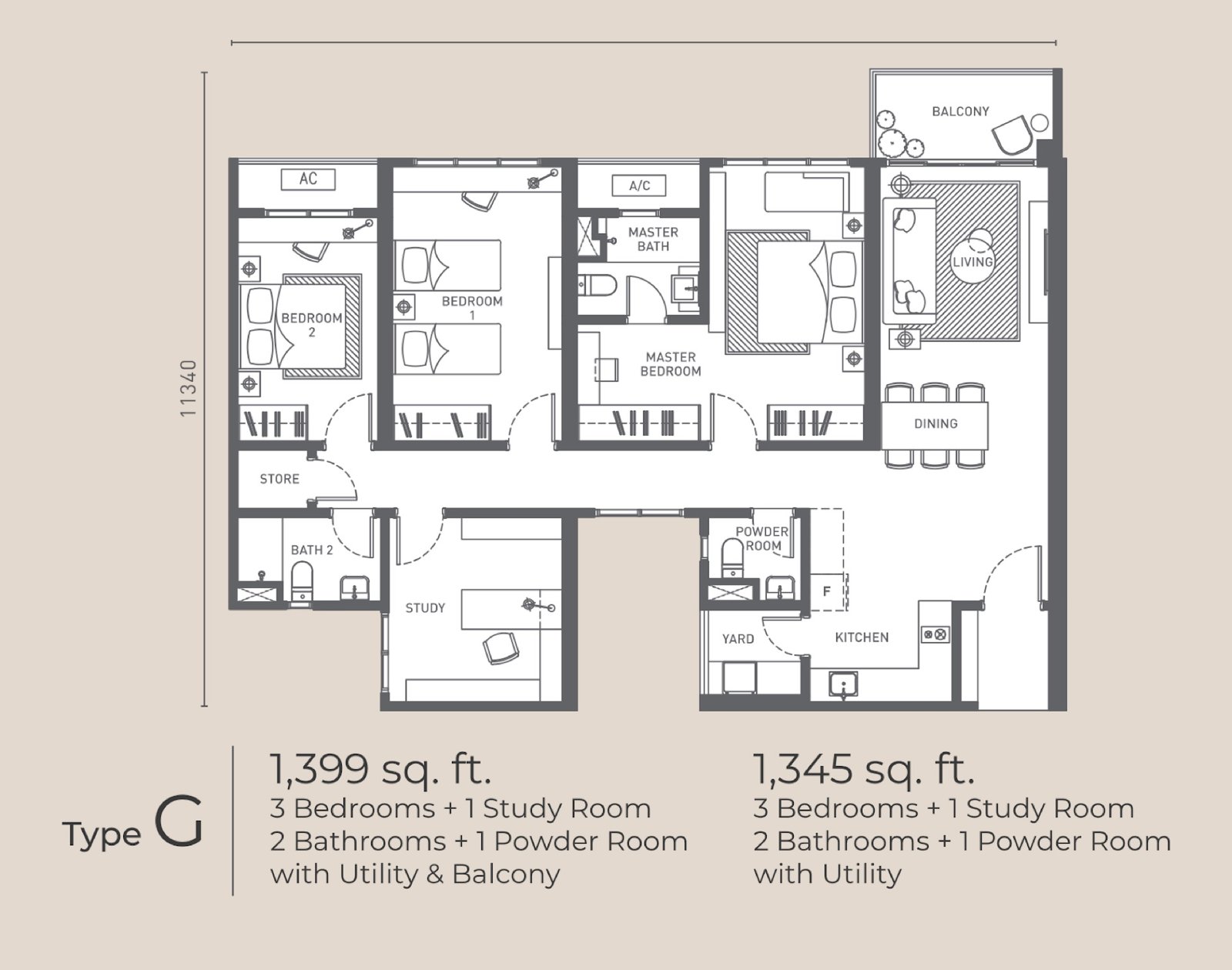 Arunya Residences Type G floor plan, 3 bedrooms plus study room, 1,399 and 1,345 sq ft