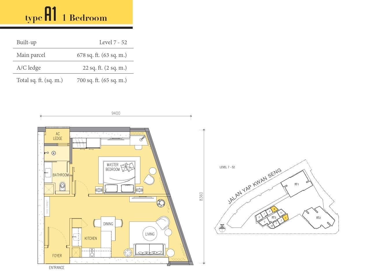 Ascott Star Residence Type A1 floor plan, 1 bedroom, 700 sq ft