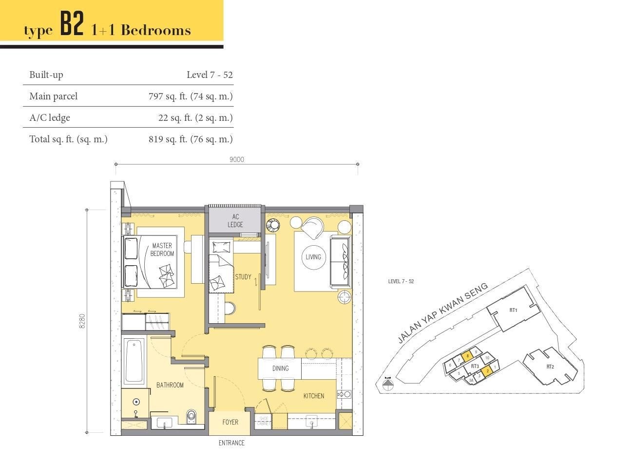 Ascott Star Residence Type B2 floor plan, 1+1 bedroom, 819 sq ft
