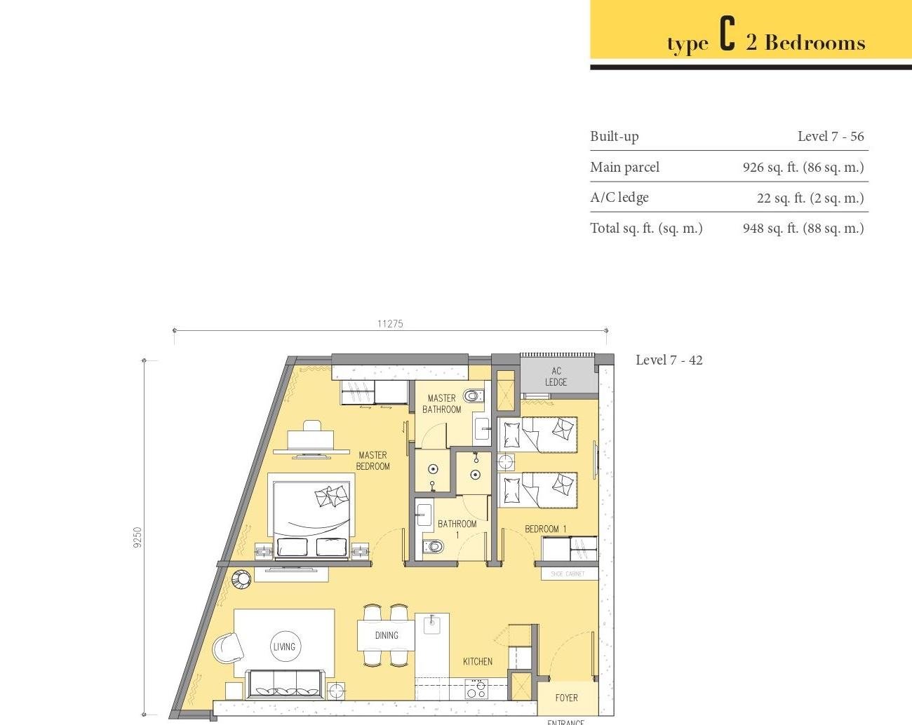 Ascott Star Residence Type C floor plan, 2 bedroom, 948 sq ft
