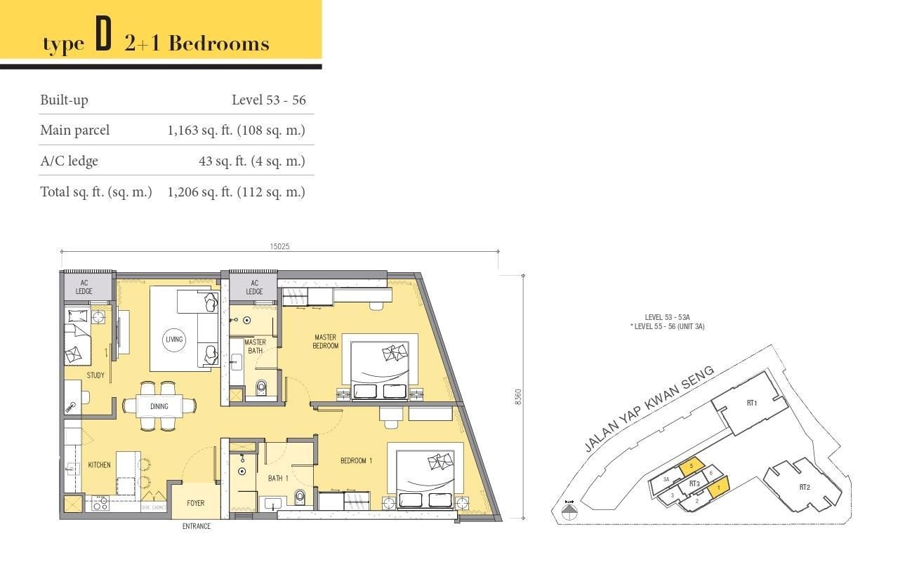 Ascott Star Residence Type D floor plan, 2+1 bedroom, 1,206 sq ft