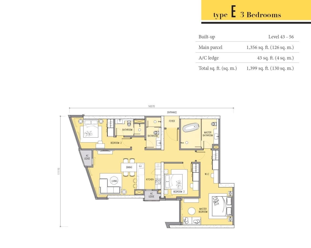 Ascott Star Residence Type E floor plan, 3 bedroom, 1,399 sq ft