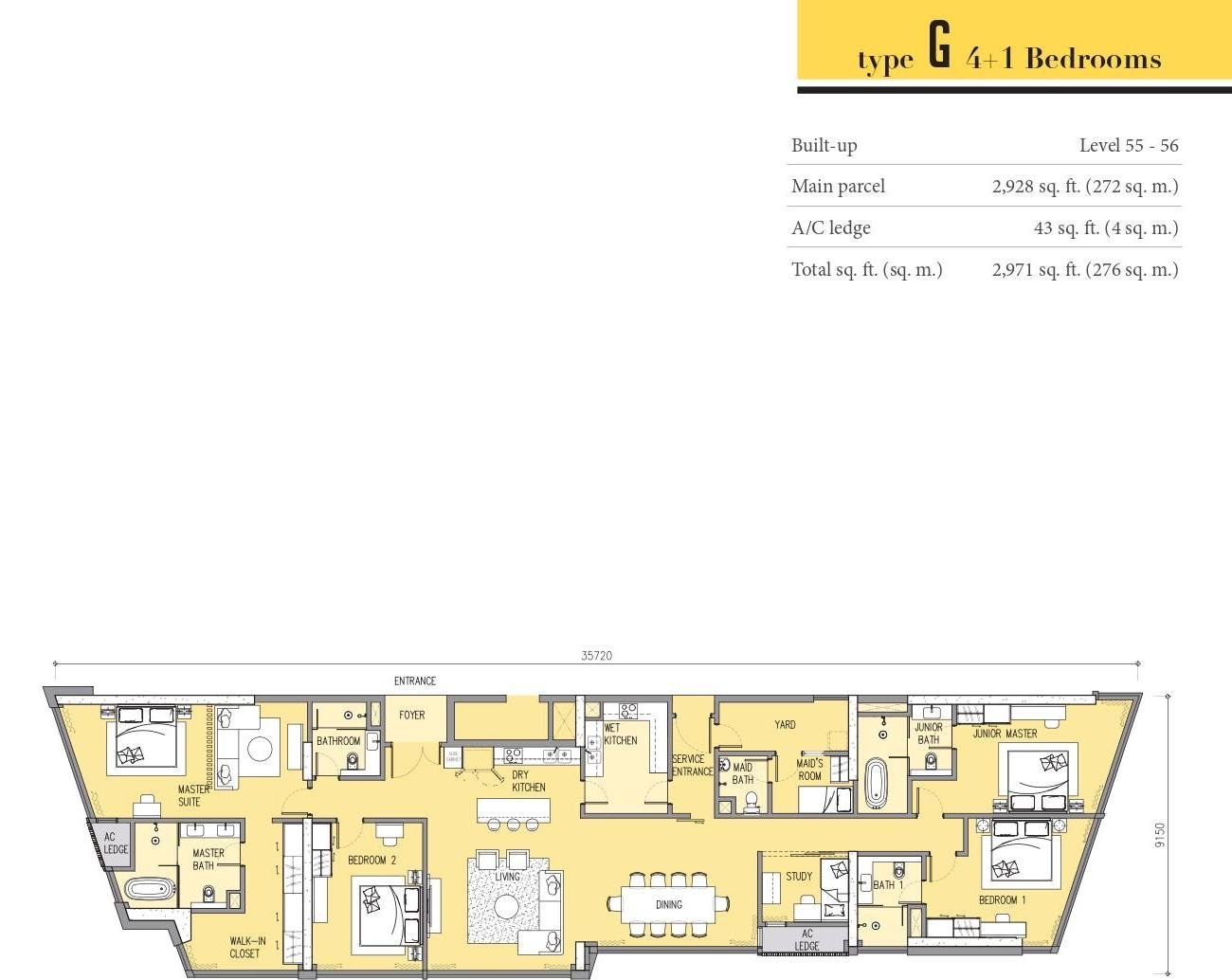 Ascott Star Residence Type G floor plan, 4+1 bedroom, 2,971 sq ft