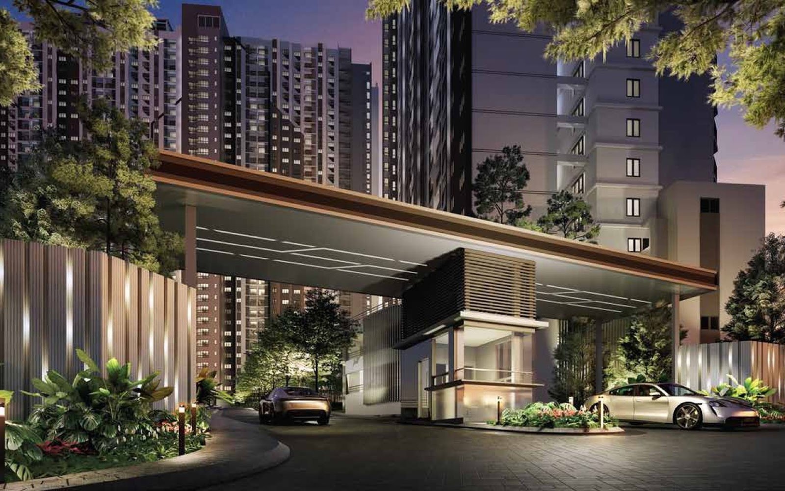 Aster Hill drop-off and guardhouse at night: artist's impression