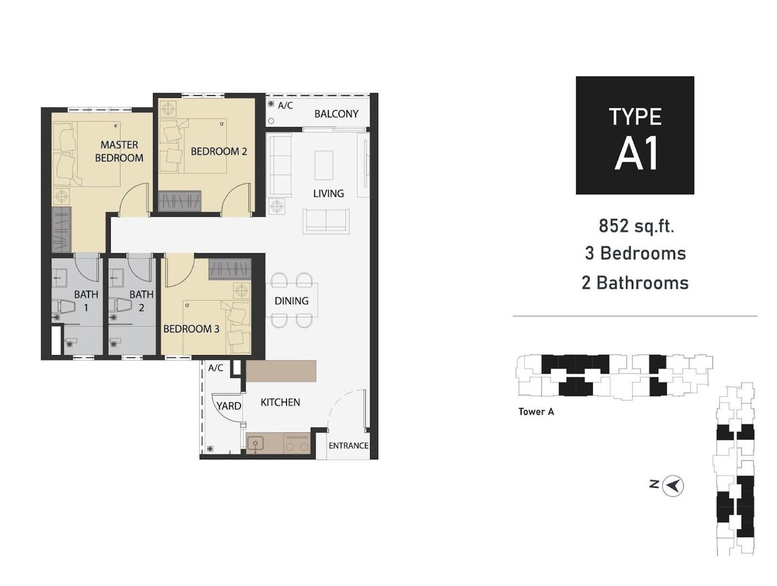 Aster Hill Type A1 floor plan, 3 bedroom, 852 sq ft