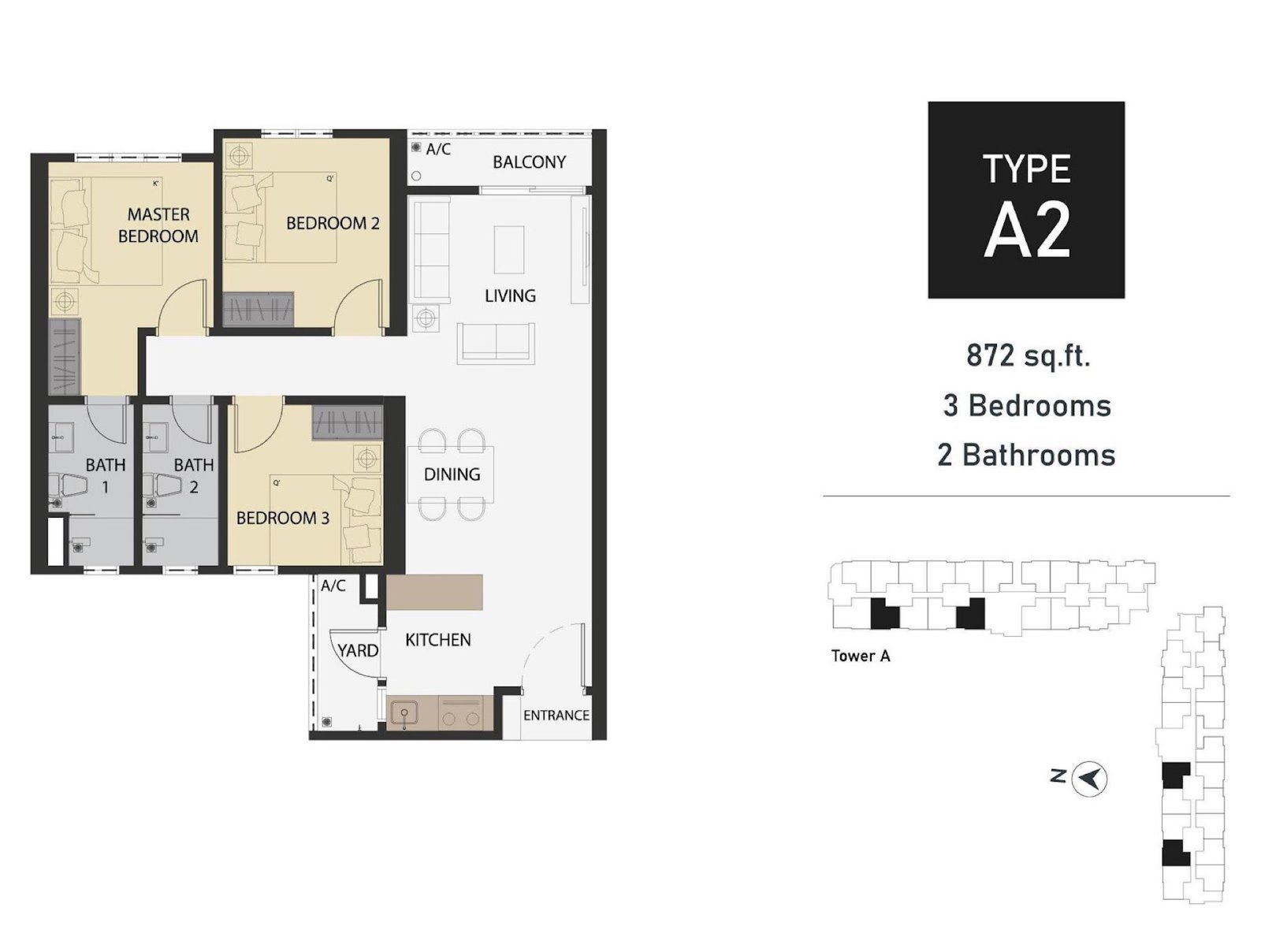 Aster Hill Type A2 floor plan, 3 bedroom, 872 sq ft