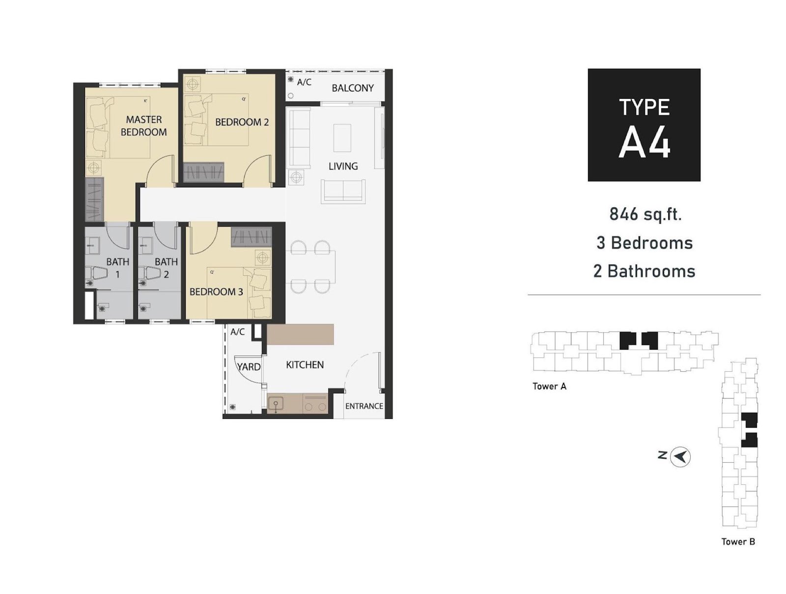Aster Hill Type A4 floor plan, 3 bedroom, 846 sq ft
