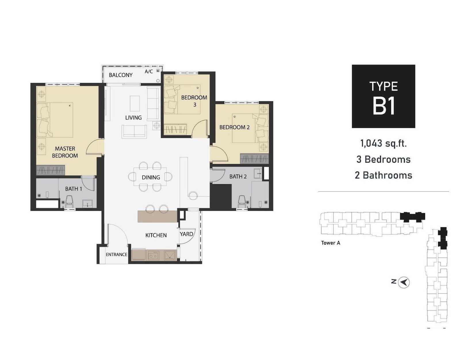 Aster Hill Type B1 floor plan, 3 bedroom, 1,043 sq ft