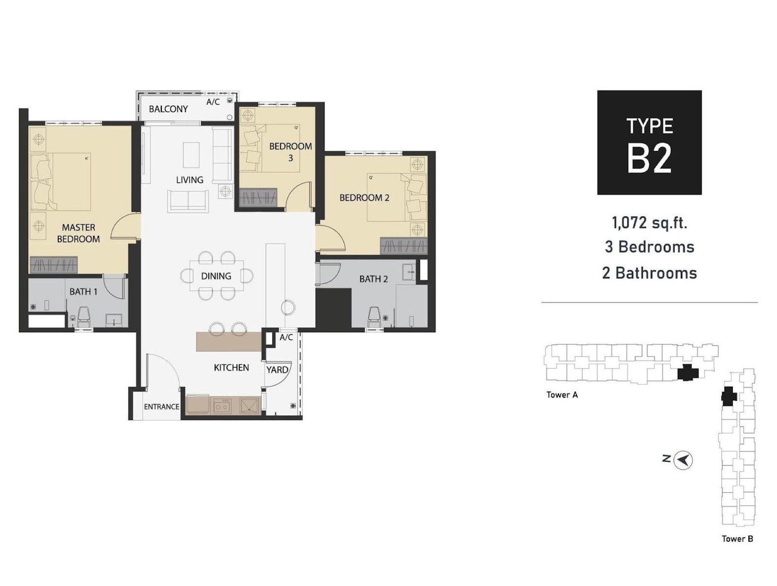 Aster Hill Type B2 floor plan, 3 bedroom, 1,072 sq ft