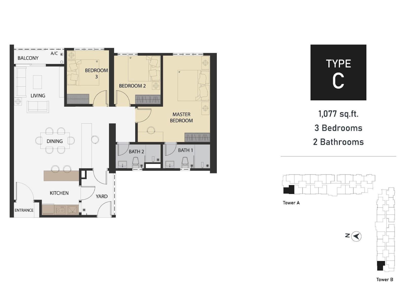 Aster Hill Type C floor plan, 3 bedroom, 1,077 sq ft