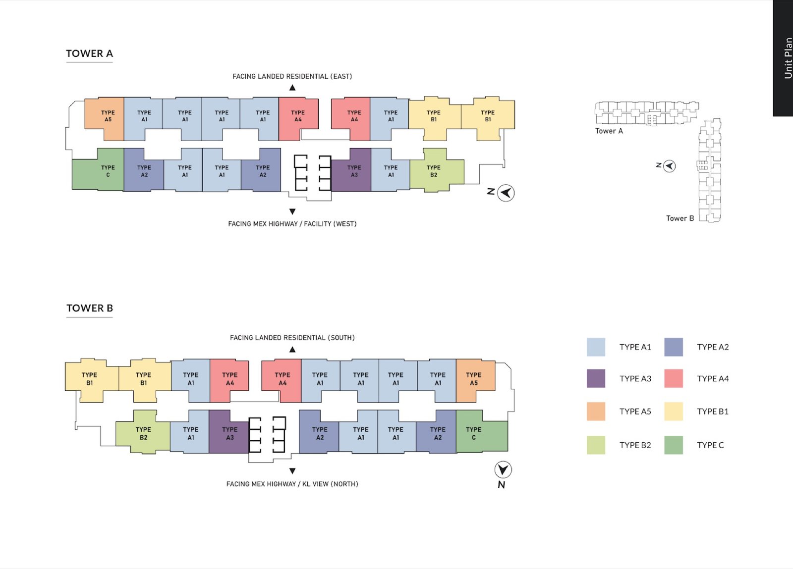 Aster Hill typical floor plans of Tower A and Tower B with unit types