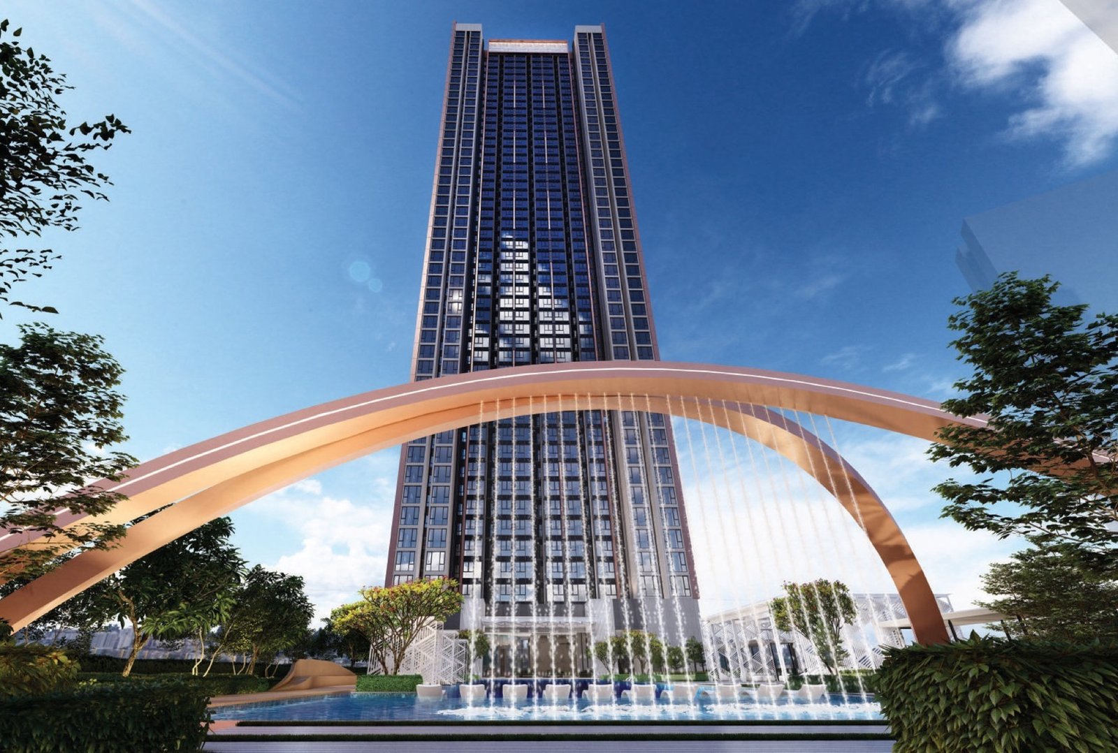 Aurum Suites tower seen from the pool deck water sculpture archway: artist's impression