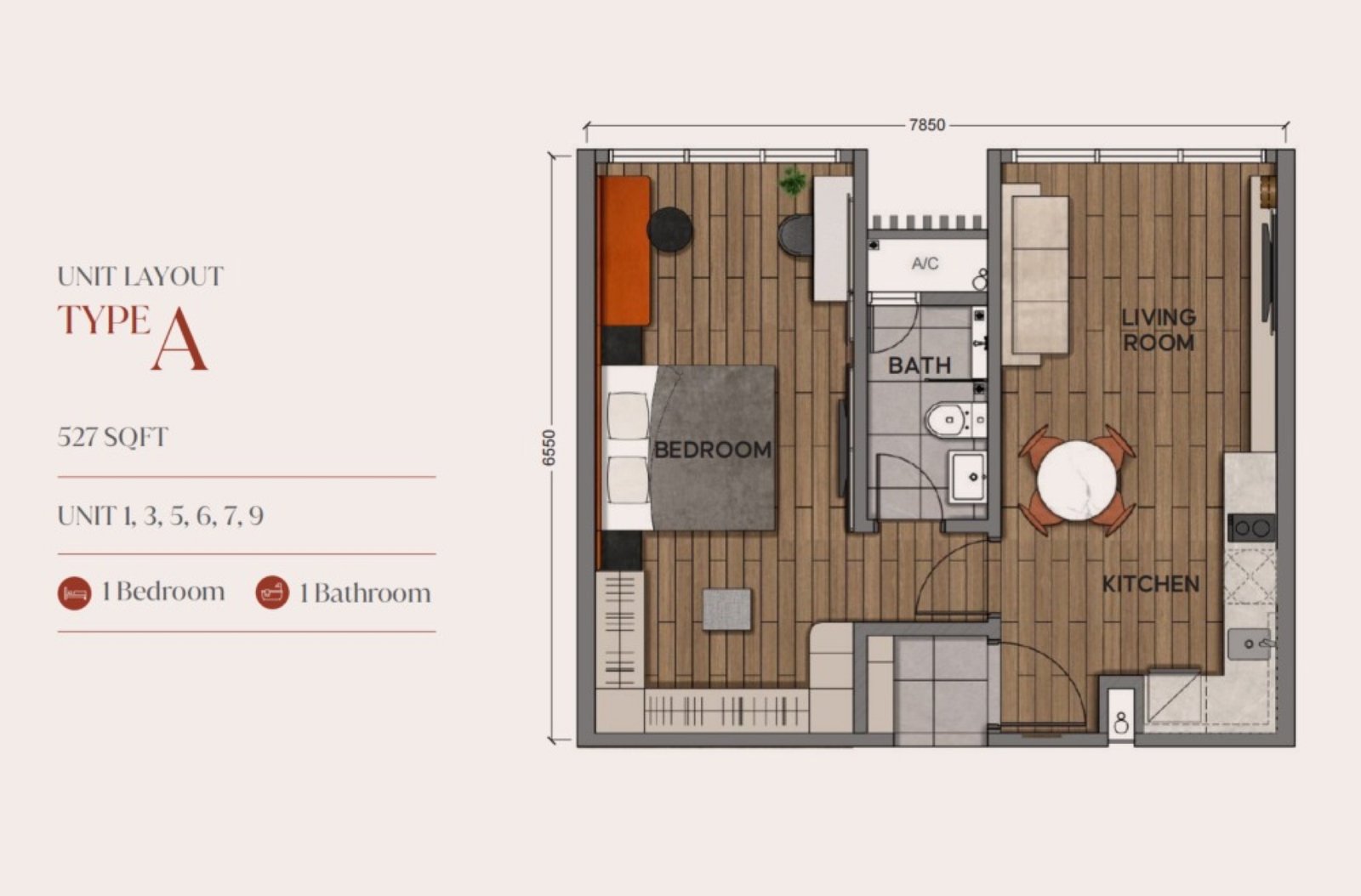 Aurum Suites Type A floor plan, 1 bedroom, 527 sq ft