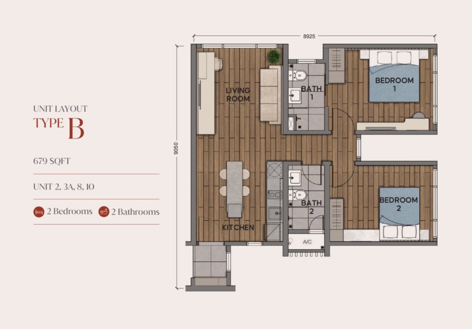 Aurum Suites Type B floor plan, 2 bedroom, 679 sq ft