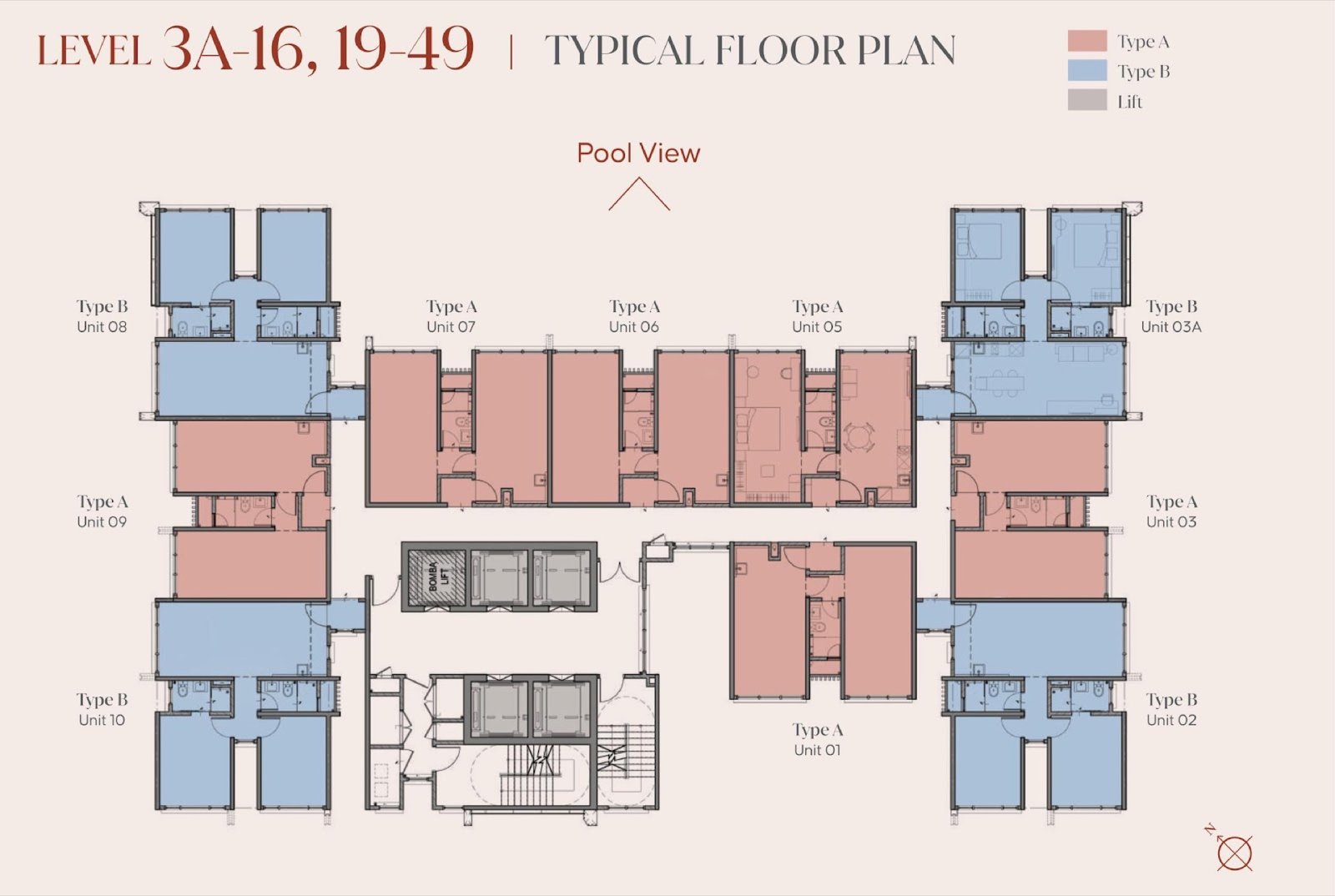 Aurum Suites typical floor plan, Levels 3A-16 and 19-49