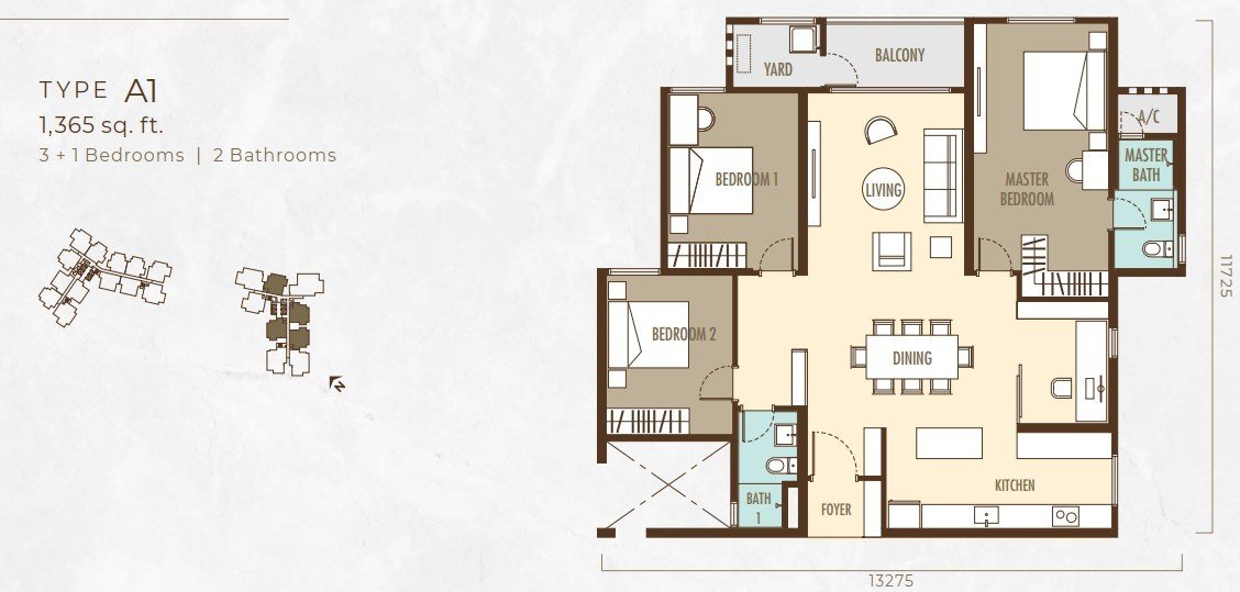 Ayanna Resort Residences Type A1 floor plan, 3+1 bedrooms, 1,365 sq ft