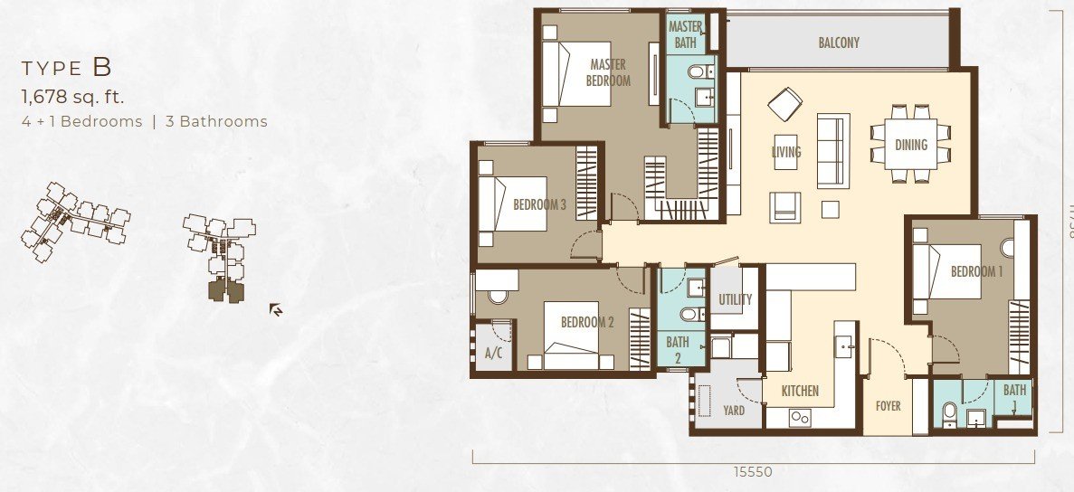 Ayanna Resort Residences Type B floor plan, 4+1 bedrooms, 1,678 sq ft