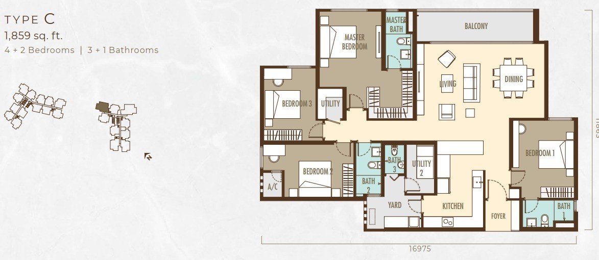 Ayanna Resort Residences Type C floor plan, 4+2 bedrooms, 1,859 sq ft