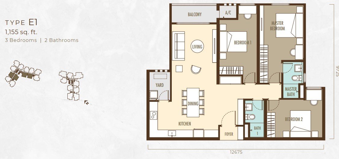 Ayanna Resort Residences Type E1 floor plan, 3 bedrooms, 1,155 sq ft