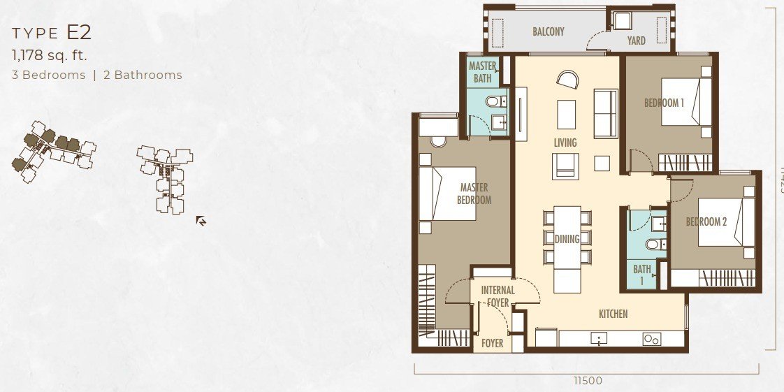 Ayanna Resort Residences Type E2 floor plan, dual key, 3 bedrooms, 1,178 sq ft