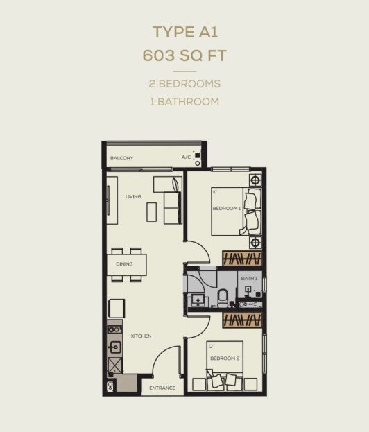 Bamboo Hills Residences Type A1 floor plan, 2 bedrooms 1 bathroom, 603 sq ft