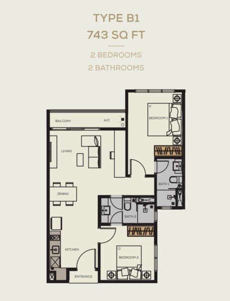 Bamboo Hills Residences Type B1 floor plan, 2 bedrooms 2 bathrooms, 743 sq ft