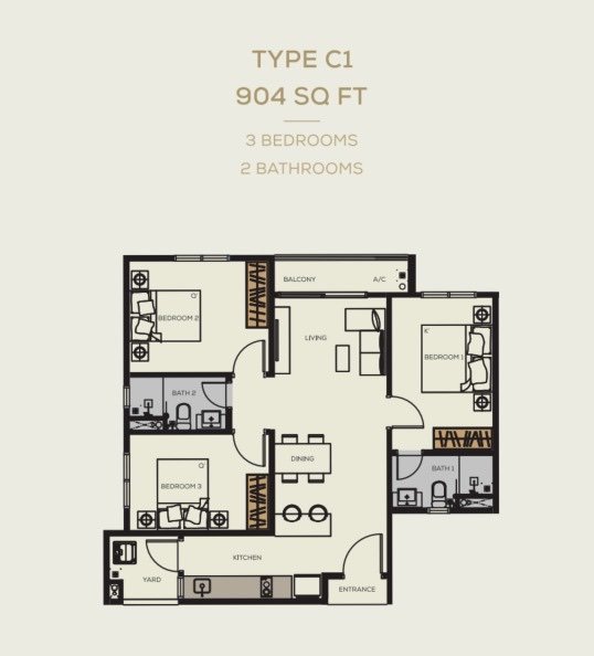 Bamboo Hills Residences Type C1 floor plan, 3 bedrooms 2 bathrooms, 904 sq ft