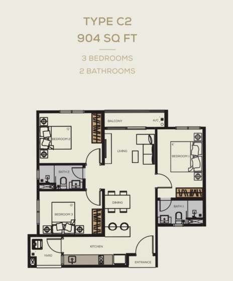 Bamboo Hills Residences Type C2 floor plan, 3 bedrooms 2 bathrooms, 904 sq ft