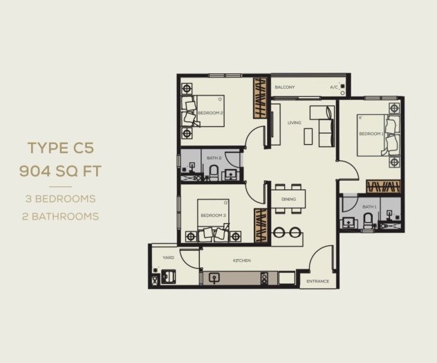 Bamboo Hills Residences Type C5 floor plan, 3 bedrooms 2 bathrooms, 904 sq ft