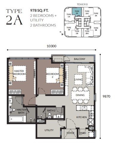 Bangsar Hill Park Talisa Tower B Type 2A floor plan, 2 bedrooms plus utility, 978 sq ft