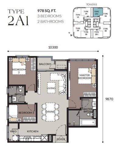 Bangsar Hill Park Talisa Tower B Type 2A1 floor plan, 3 bedrooms, 978 sq ft
