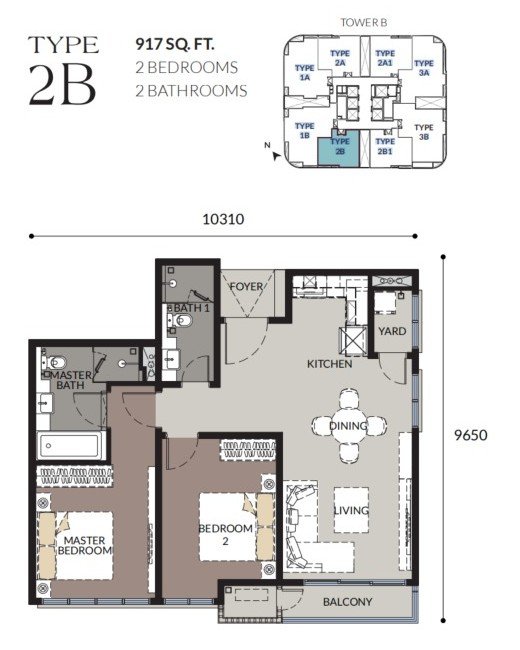 Bangsar Hill Park Talisa Tower B Type 2B floor plan, 2 bedrooms, 917 sq ft