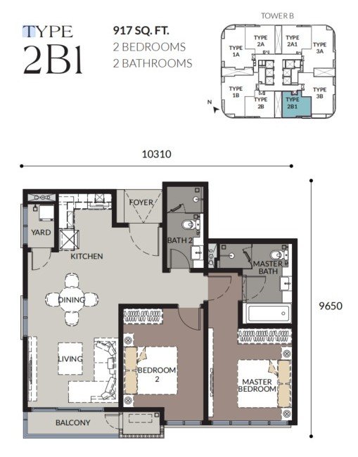 Bangsar Hill Park Talisa Tower B Type 2B1 floor plan, 2 bedrooms, 917 sq ft