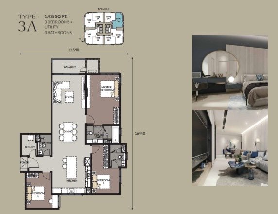 Bangsar Hill Park Talisa Tower B Type 3A floor plan, 3 bedrooms plus utility, 1,435 sq ft