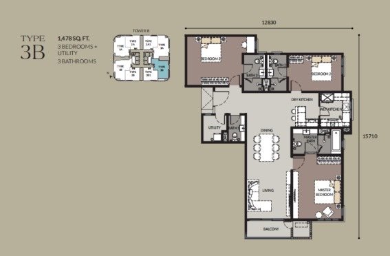 Bangsar Hill Park Talisa Tower B Type 3B floor plan, 3 bedrooms plus utility, 1,478 sq ft