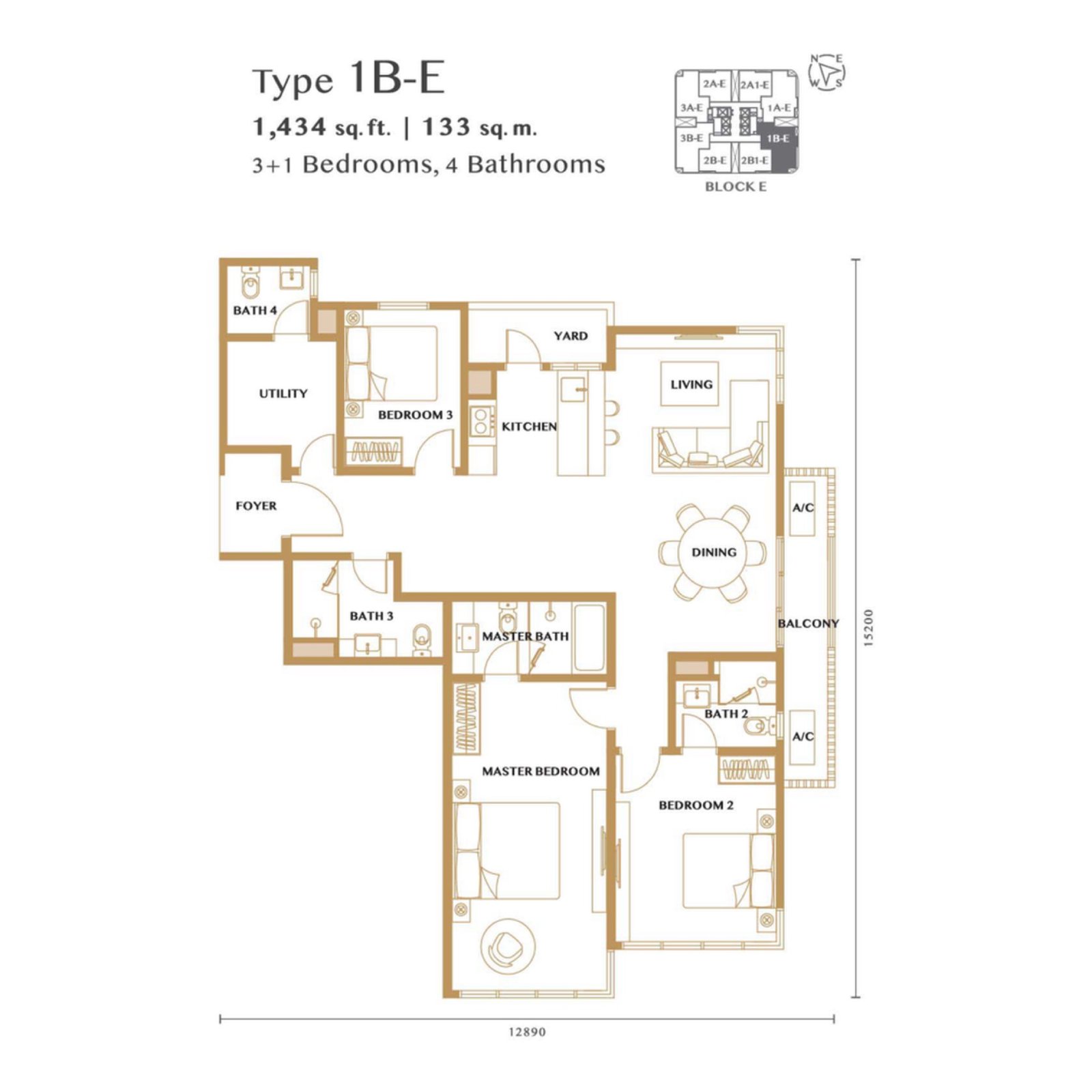 Bangsar Hill Park Verdura Type 1B-E floor plan, 3+1 bedrooms, 1,434 sq ft