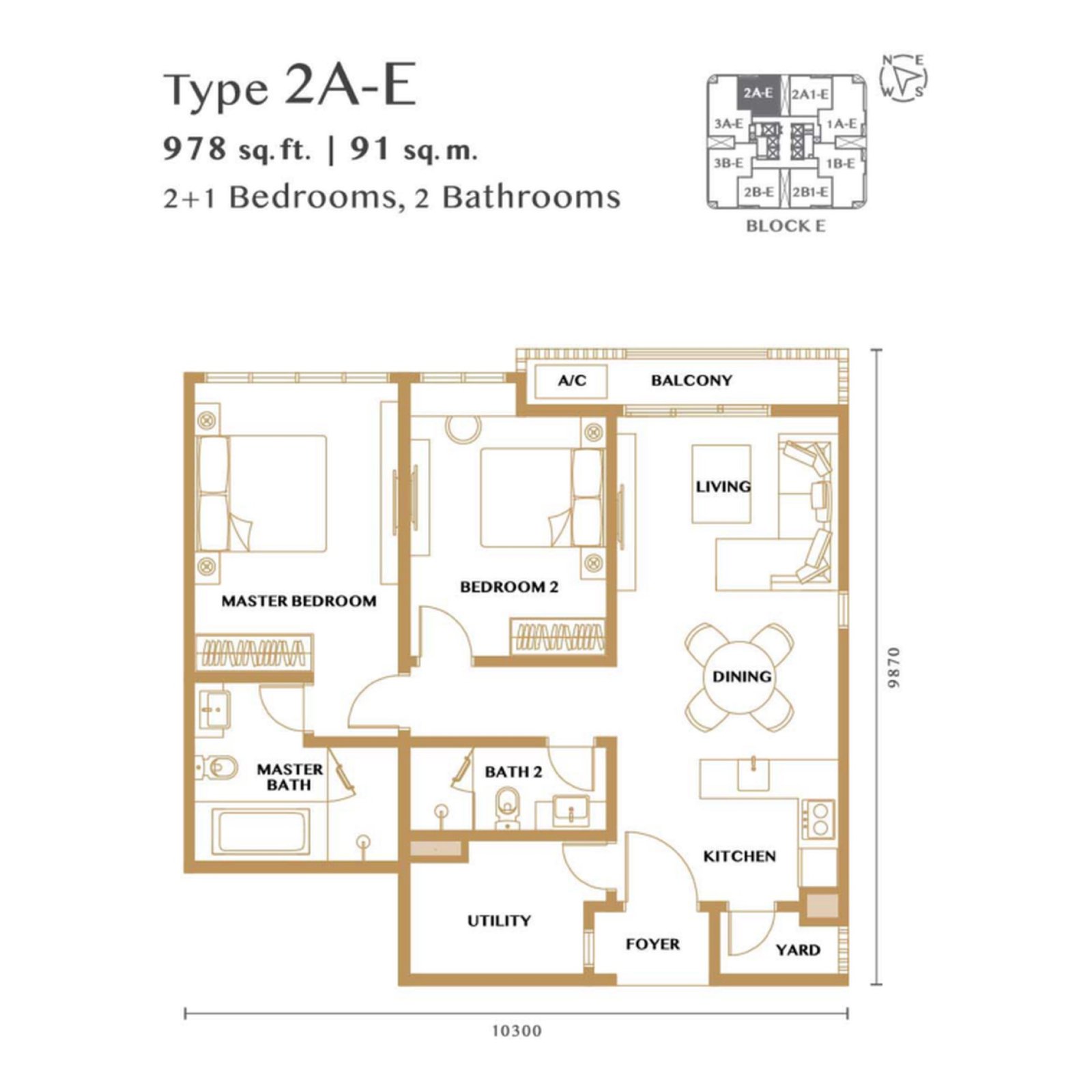 Bangsar Hill Park Verdura Type 2A-E floor plan, 2+1 bedrooms, 978 sq ft