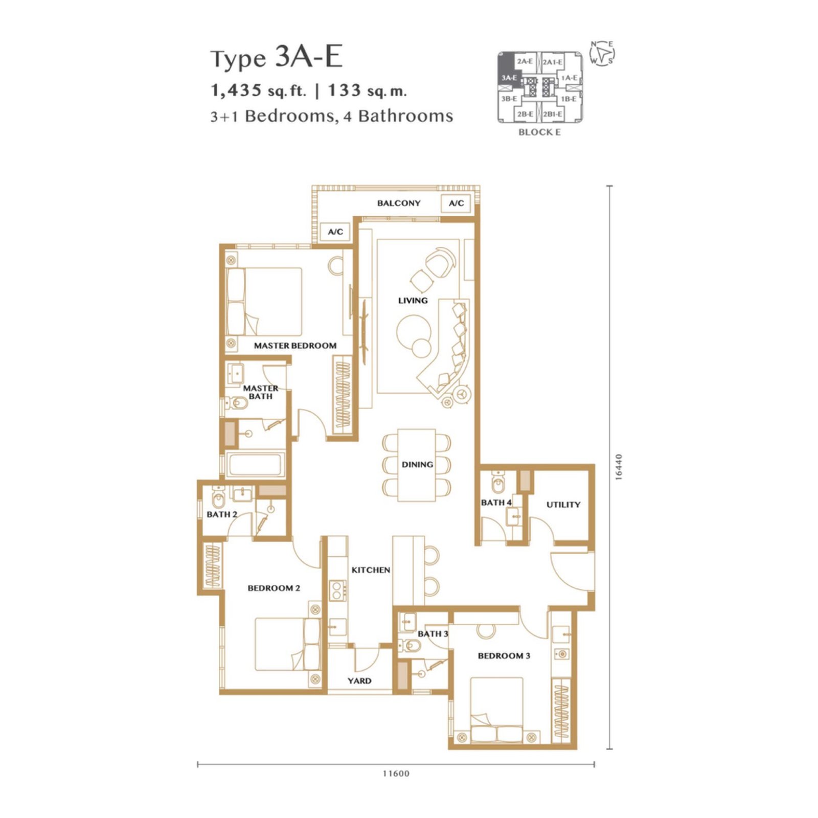 Bangsar Hill Park Verdura Type 3A-E floor plan, 3+1 bedrooms, 1,435 sq ft