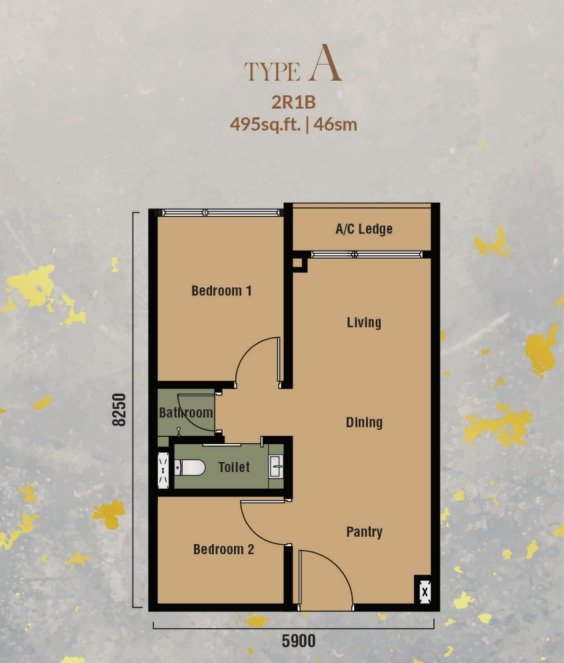 Branniganz Suites Type A floor plan, 2R1B, 495 sq ft