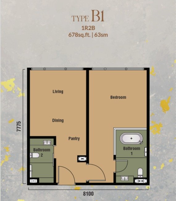 Branniganz Suites Type B1 floor plan, 1R2B, 678 sq ft