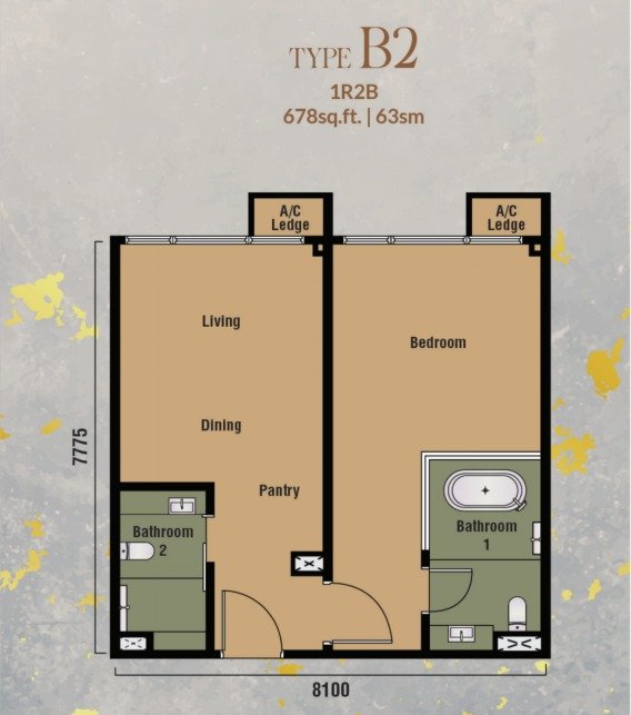 Branniganz Suites Type B2 floor plan, 1R2B, 678 sq ft