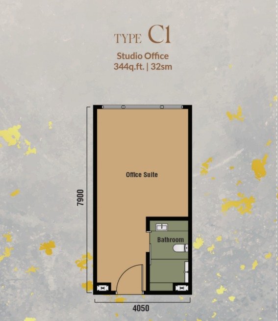 Branniganz Suites Type C1 floor plan, studio office, 344 sq ft