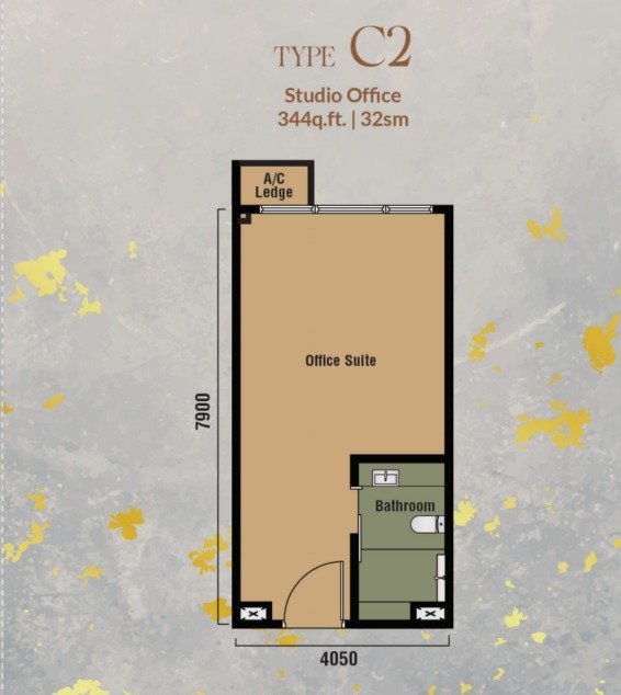 Branniganz Suites Type C2 floor plan, studio office, 344 sq ft