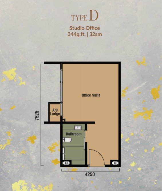 Branniganz Suites Type D floor plan, studio office, 344 sq ft