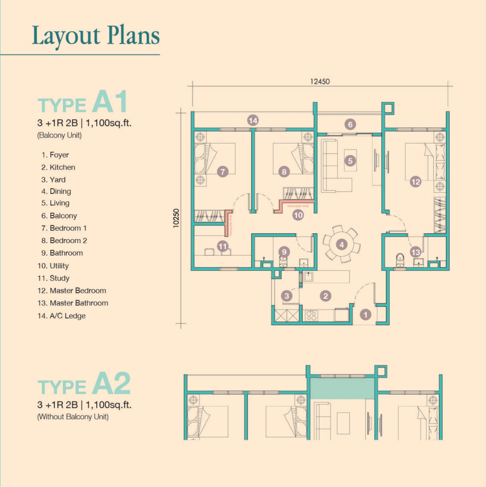D'Tessera Residences Type A1/A2 floor plan, 3+1 rooms, 1,100 sq ft