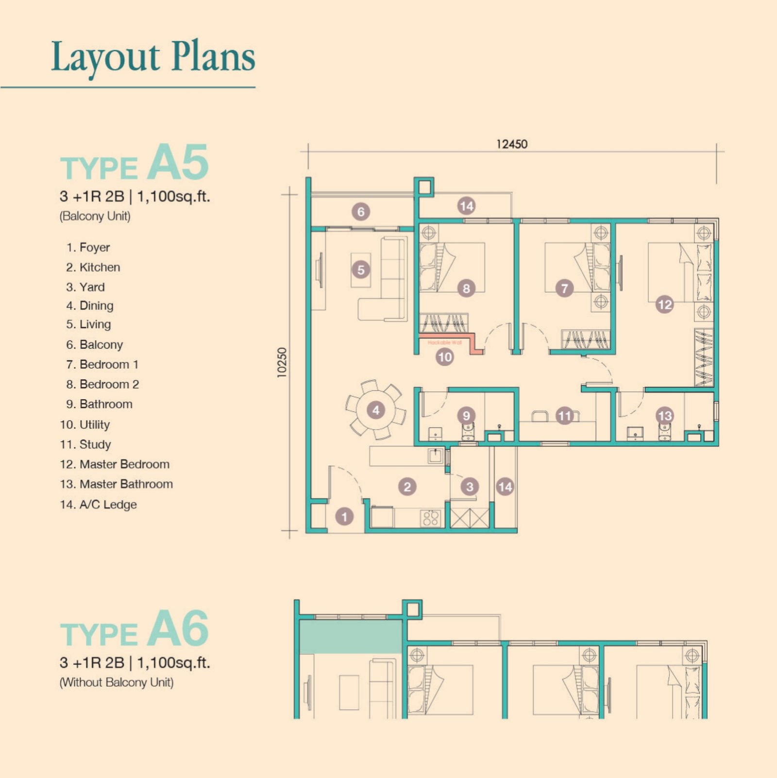 D'Tessera Residences Type A5/A6 floor plan, 3+1 rooms, 1,100 sq ft